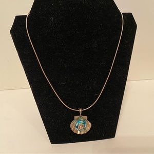 LLK NECKLACE STERLING SILVER 18” PRINCESS CHAIN SHELL PENDANT BLUE GLASS BEAD